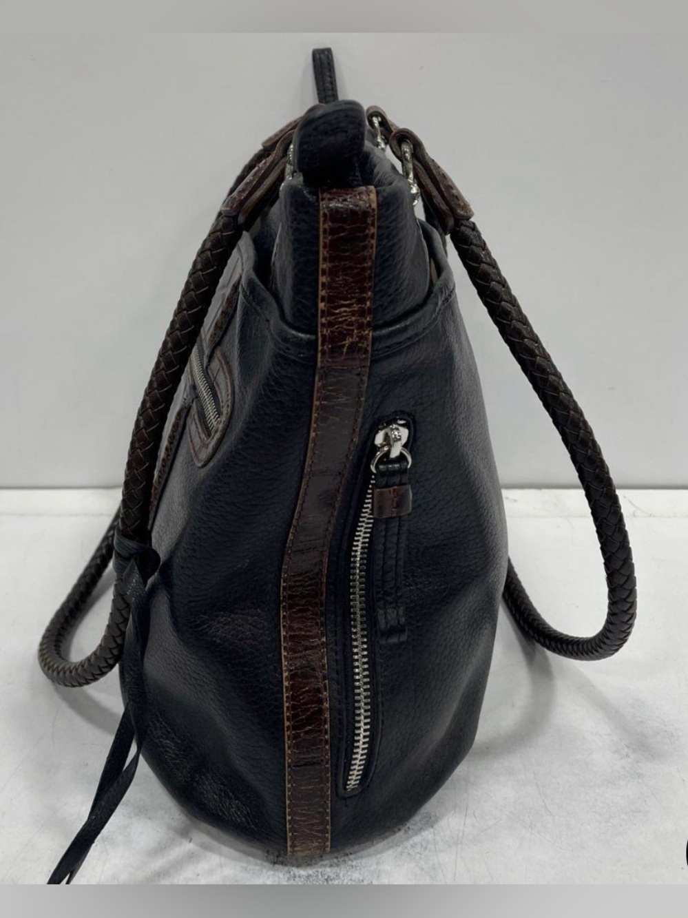 Brighton, Shoulder Bag Black Brown Croc Embossed Leather Braided Strap, EUC